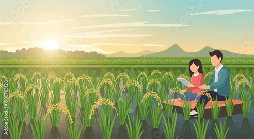 Two individuals examine a tablet in a sunlit rice paddy at sunset