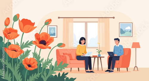 Two people working on laptops in a cozy living room with poppy flowers