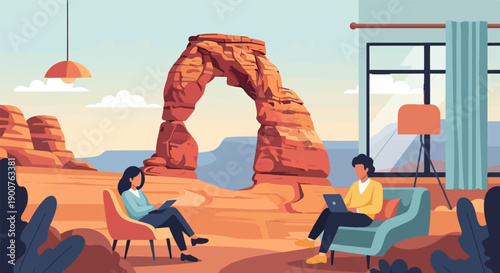 Two people work on laptops in a desert landscape with an arch