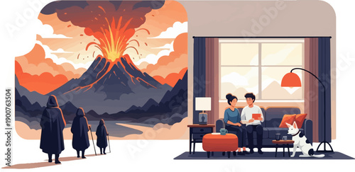 Two scenes, one a volcanic eruption with robed figures, the other a couple with a dog