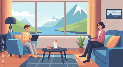 Two people work on laptops in a living room with a scenic mountain and lake view