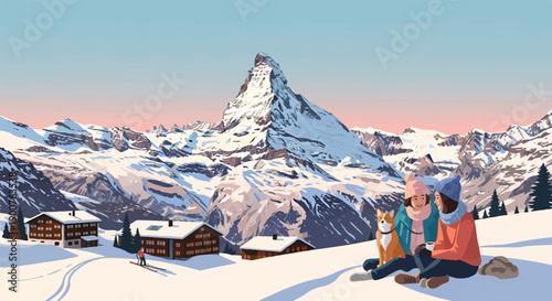 Two people and a dog sit in snow with a mountain behind them