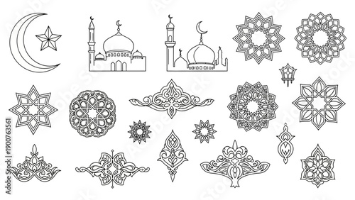 Collection of Islamic Architectural Elements and Ornaments Featuring Mosques, Crescent, Stars, and Intricate Designs in Line Art Style