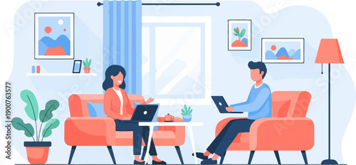 Two people work on laptops in a living room with artwork and plants