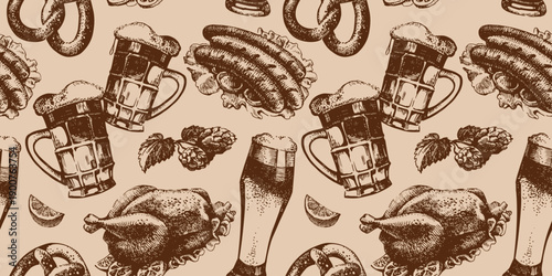 Oktoberfest vintage seamless pattern. Retro sketch beer background. Hand drawn isolated vector illustration