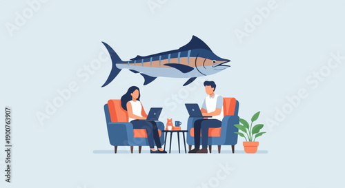 Two people in armchairs working on laptops with a large fish above them