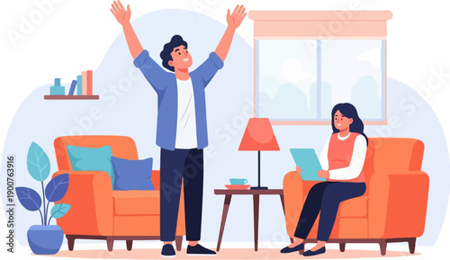 Two people relaxing in an orange living room with a man standing