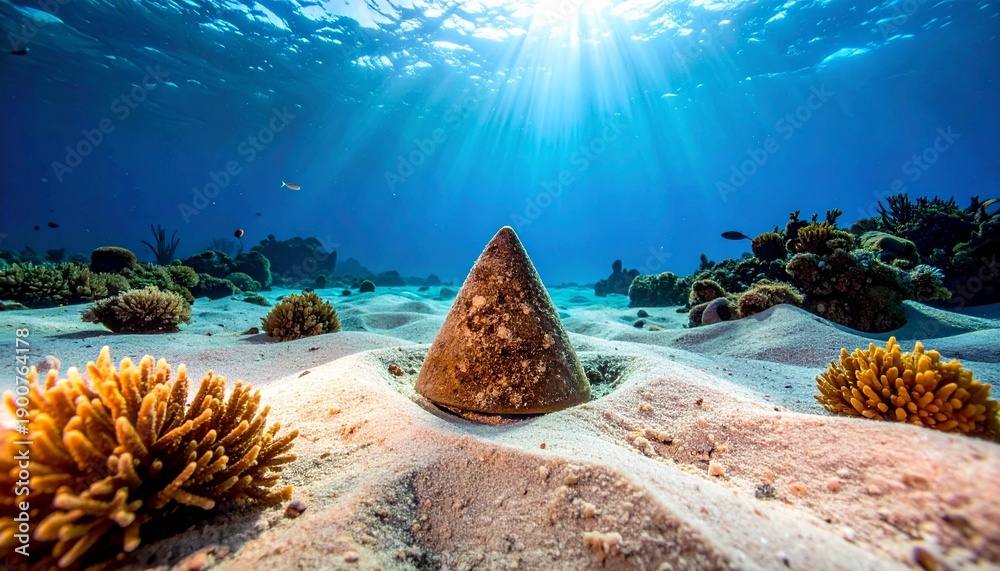 Fototapeta premium Underwater Scene with a Geometric Stone on the Sea Floor Sunlight Through Water Coral Reef Marine Life.