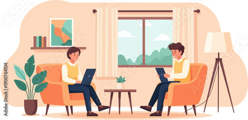 Two people sitting comfortably in armchairs, working on laptops, near a window