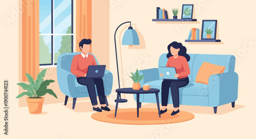 Two individuals working on laptops in a cozy living room with blue furniture