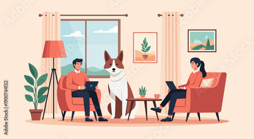 Two people and a dog work on laptops in a cozy living room (1)
