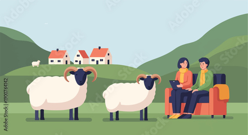 Two sheep graze near houses as a couple relaxes on a couch