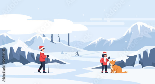 Two children in festive hats and red jackets enjoy a snowy winter landscape with a dog