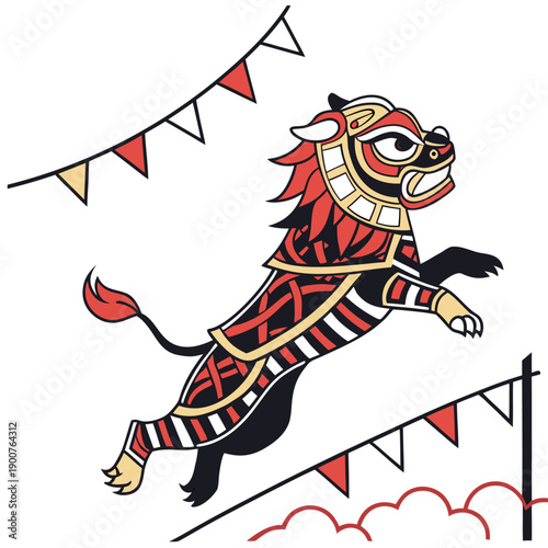 Vibrant lion dance performance with colorful decorations