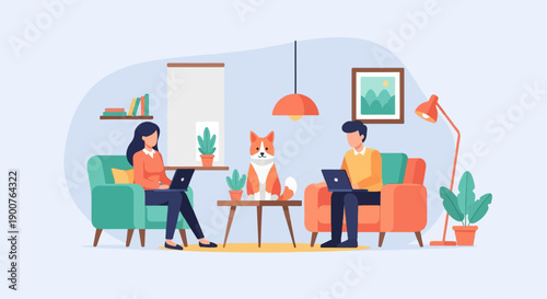 Two people and a dog working on laptops in a cozy living room