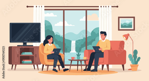 Two people working on laptops in a living room with a large window overlooking a waterfall