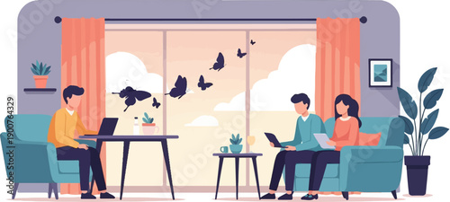 Two people work on laptops in a room with a large window showing butterflies