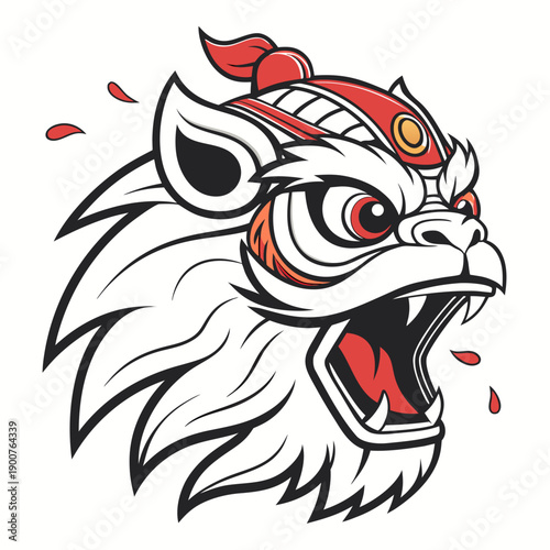 Fierce lion dance mascot head with red and white costume