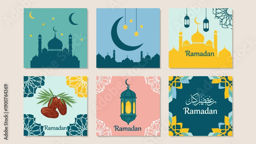 A collection of graphic illustrations celebrating Ramadan with mosque silhouettes, crescent moon, and traditional lanterns