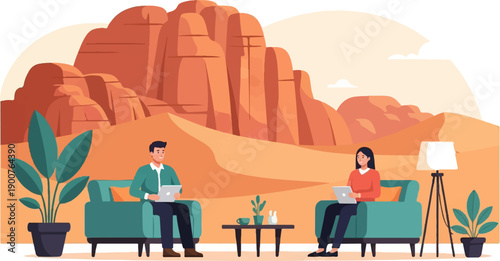 Two people work on laptops in a surreal desert landscape