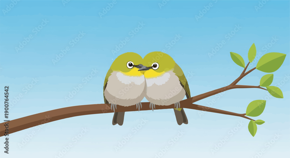 Fototapeta premium Two small birds perched closely on a brown tree branch under a blue sky