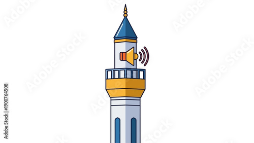 Illustration of a Minaret Tower with a Loudspeaker Broadcasting from its Balcony