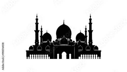 Silhouette of a grand mosque with multiple domes and minarets viewed from the front