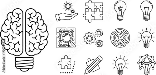 Set of creative thinking and problem solving outline icons with brain, puzzle, light bulbs, gears, and ideas, minimal line vector illustrations isolated