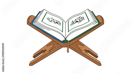 An open holy book on a wooden stand with Arabic script displayed prominently in a serene environment