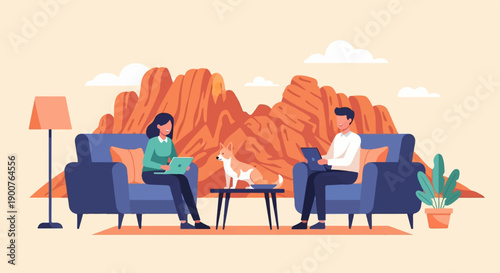 Two people in comfortable seating with laptops and a dog, desert landscape