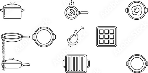 Set of cooking and kitchen cookware outline icons including pots, pans, frying pans, grill, waffle maker, and kitchen utensils, minimal line vector illustrations