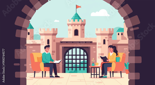 Two people relax reading books outside a cartoon castle under a bright sky