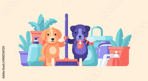 Two cartoon dogs with cleaning supplies and potted plants