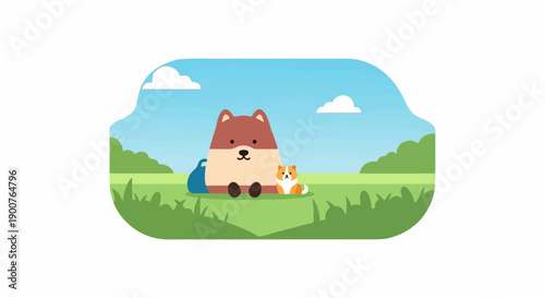 Two cartoon dogs sit peacefully in a grassy field under a blue sky