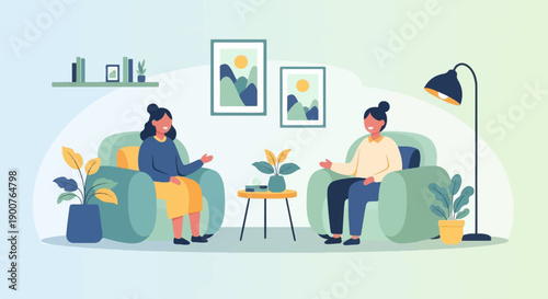 Two people in cozy chairs talk, surrounded by plants and art