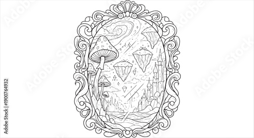 Magical Fantasy Landscape with Giant Mushrooms and Floating Islands in Ornate Frame Coloring Page