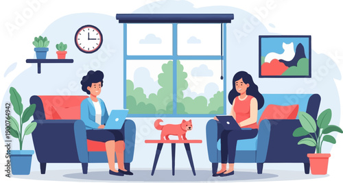 Two people work on laptops in cozy chairs with a cat nearby