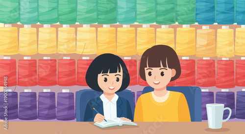 Two smiling individuals at a table with many spools of colorful thread