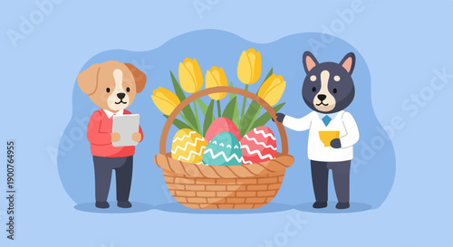 Two cartoon dogs holding Easter basket with tulips and painted eggs