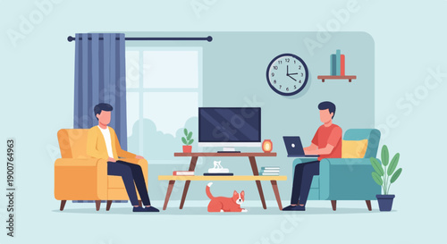 Two men and a dog relaxing in a living room