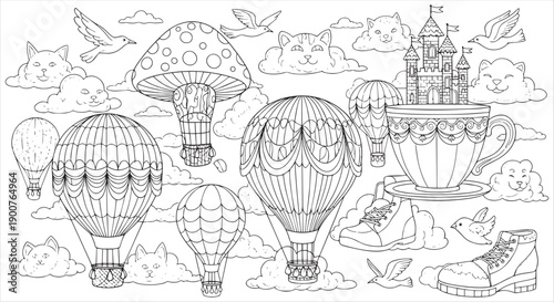 Whimsical Dreamscape Coloring Page with Hot Air Balloons, Mushroom Houses, and Floating Castles