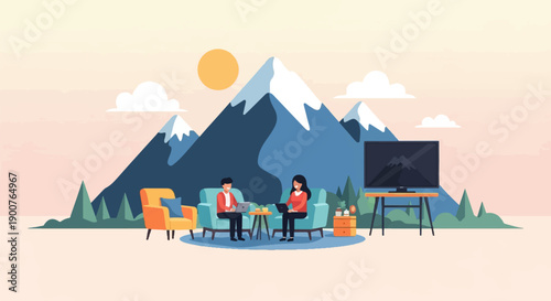 Two people work on laptops in comfy chairs with mountains and a sun in the background