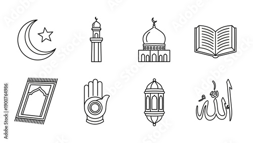 Illustration of Islamic symbols including crescent moon, mosque, and sacred texts in a minimalist style
