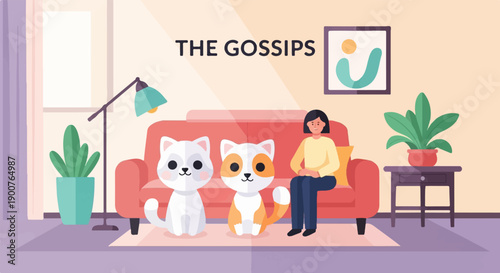 Two cartoon cats and a woman sitting on a sofa indoors