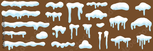Snow caps and drifts vector set. Frosty cartoon snowdrifts, hanging ice borders, and white winter roof decorations. Christmas banners and festive deco