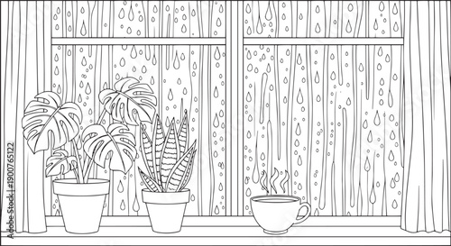 Cozy Rainy Day Window Scene with Indoor Plants and Steaming Cup Coloring Page