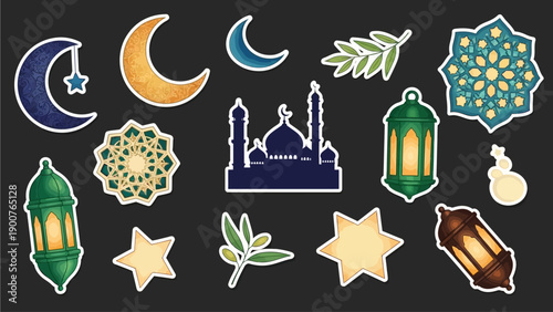 Collection of Islamic symbols and elements including mosque, crescent moon, stars, lanterns, and leaves on a dark background viewed from directly above.