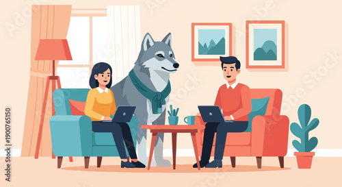 Two people and a wolf with a scarf work on laptops at home