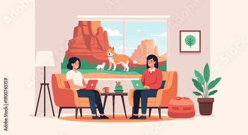 Two people work on laptops in cozy room with pets and desert landscape view