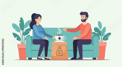 Two people sit on a sofa, sharing a cup of coffee and a bag of beans